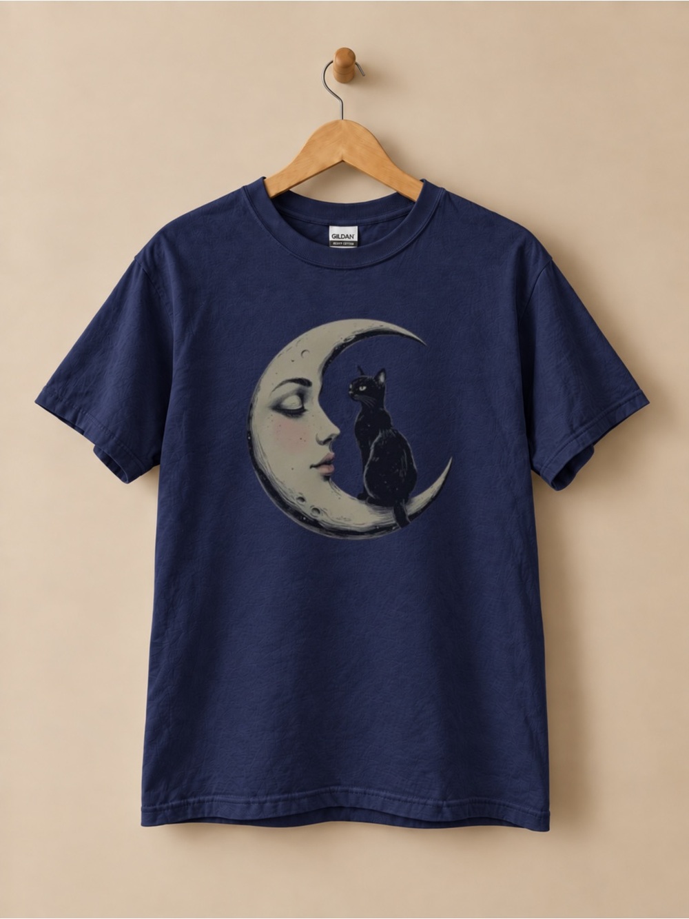 Gildan Navy Unisex T-Shirt with Crescent Moon & Black Cat Graphic
